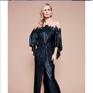 Tadashi Shoji Blue Phlox Capelet Sequin Slit Gown